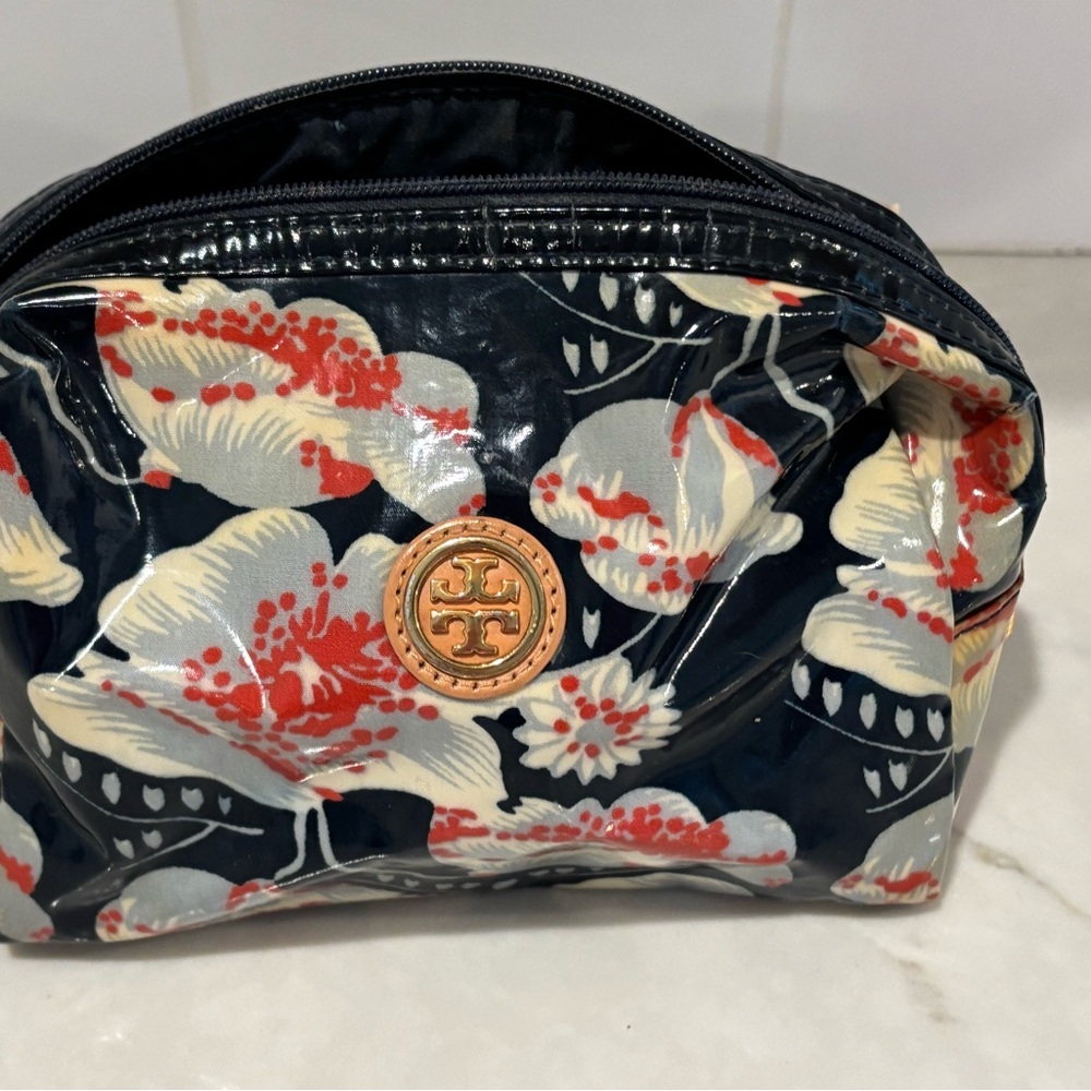 Tory Burch navy and Red Cosmetic Bag with Gold Emblem